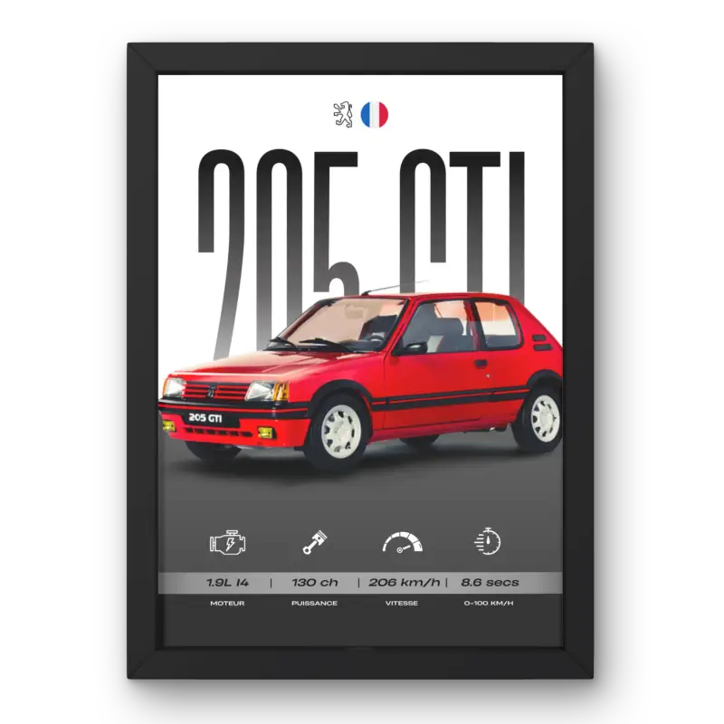 Affiche Peugeot 205 GTI – Affiche encadrée personnalisée - Cadre Perso