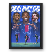 Affiche Kvaratskhelia, Dembélé & Barcola - PSG – Affiche encadrée personnalisée - Cadre Perso
