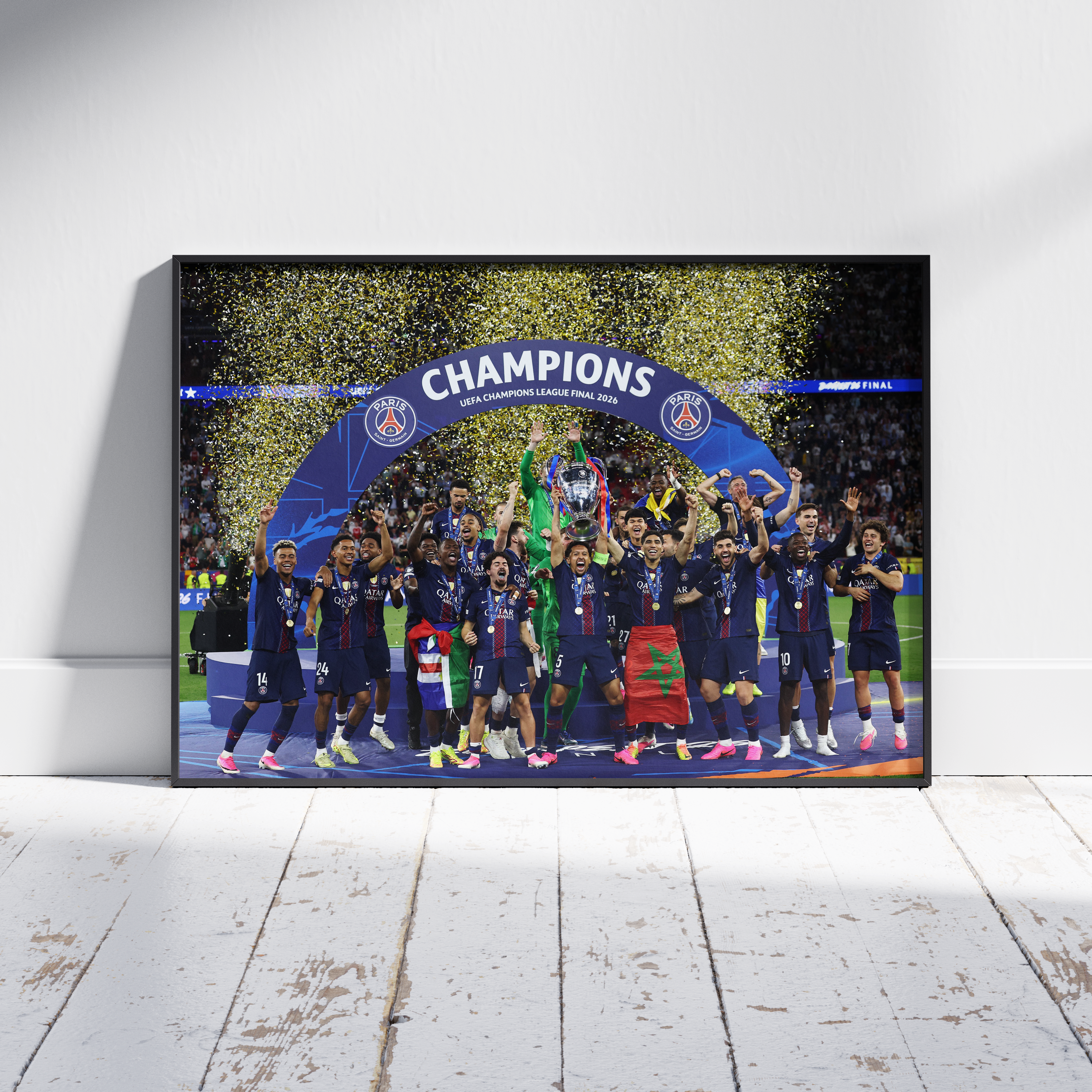 Affiche PSG - Vainqueur Ligue des Champions 2026 – Affiche encadrée personnalisée - Cadre Perso